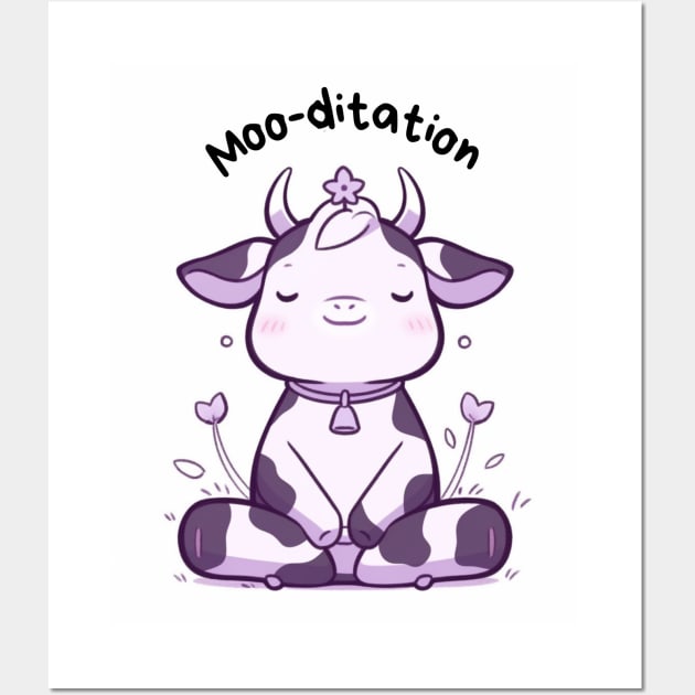 Kawaii Cute Yoga Meditating Cow Wall Art by AdaMazingDesign